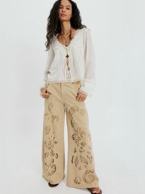 Free People Cut To The Chase Flare Jeans We The Free Embroider Cutwork Lace Tan